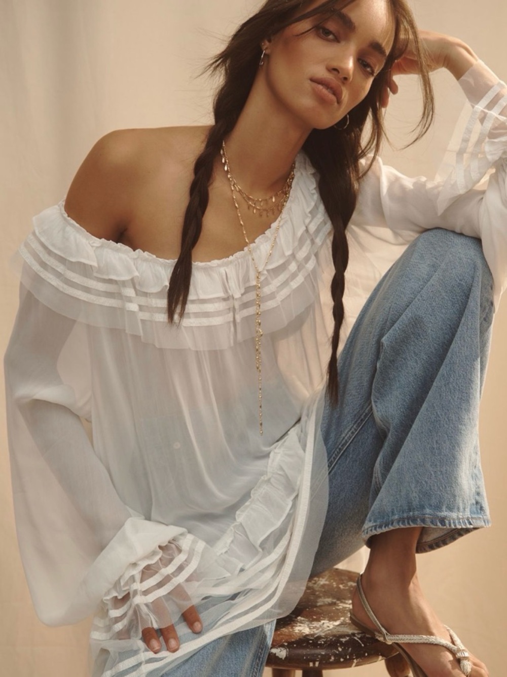 Anthropologie Romantic White Sheer Ruffle Ribbon Blouse Size Large New With Tag